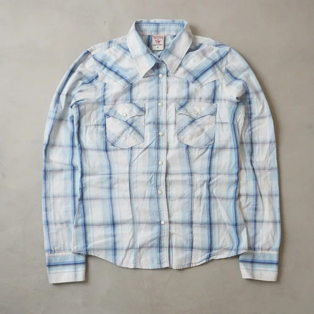 True Religion Western Pearl Snap Shirt Medium Mens Blue White Plaid Cowboy Yoke